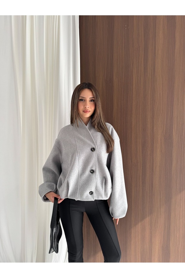 Women's Stand Collar Asymmetrical Buttoned Balloon Sleeve Oversize Short Cashmere Coat