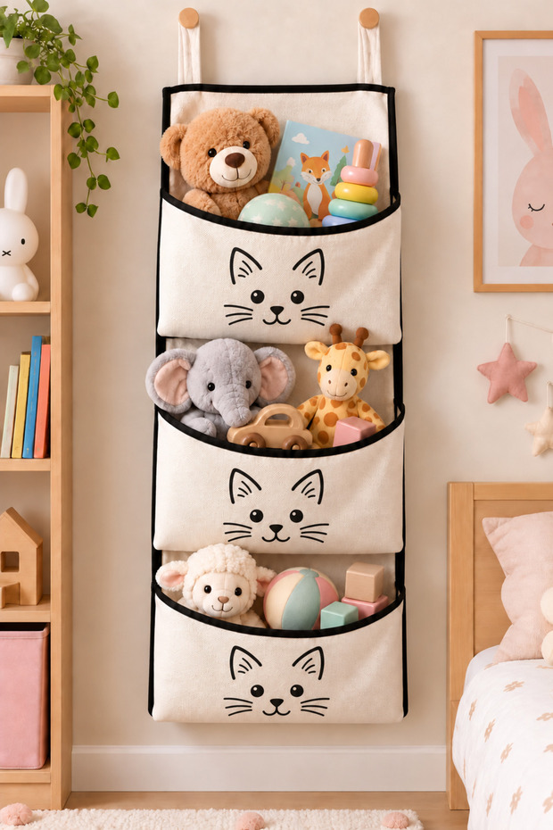 Multi-Purpose Door Back Wall Cabinet with Kitten Patterned Pockets, Bathroom Kitchen Toy Organizer