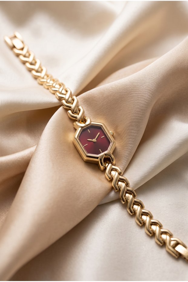 Women's Steel Watch Gold Color & Burgundy Dial Geometric Case |   Vintage Luxury Old Money Classic Women's Wristwatch |   Limited Edition 2027