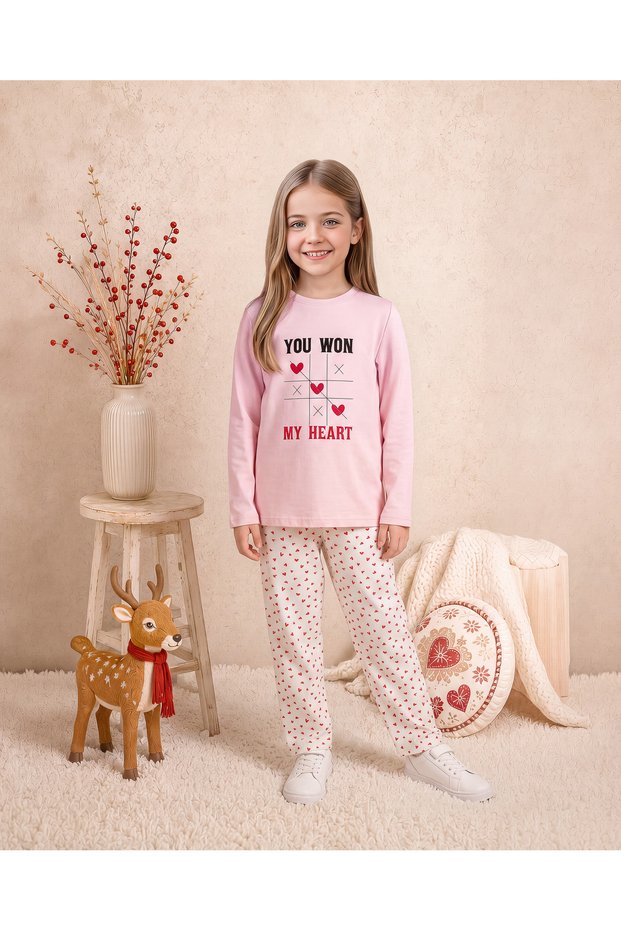 Girls & Baby Cotton Single Jersey Heart Printed Straight Leg Long Sleeve Pajama Set Pink