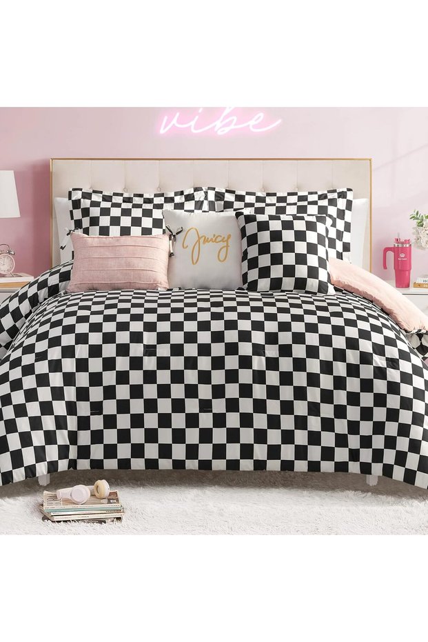 Reversible Checkerboard Comforter Set 6-Piece King Set, Black/White
