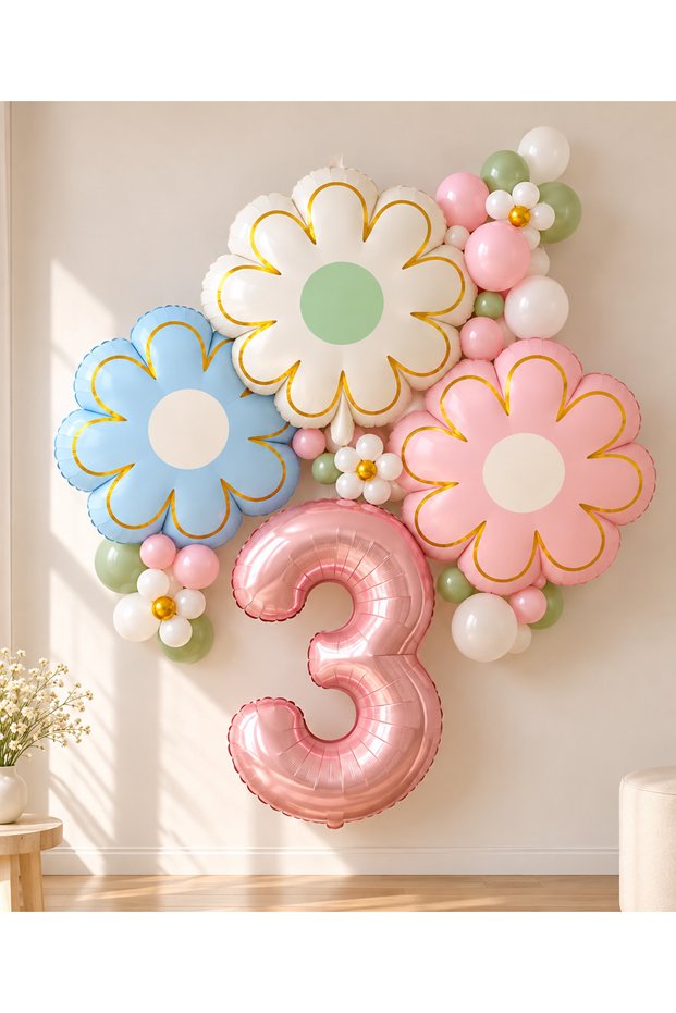 Party 3 Years Old Pastel Daisy Themed Birthday Balloon Set – Rose Gold Number Foil Balloon, Pink Blue Green Concept
