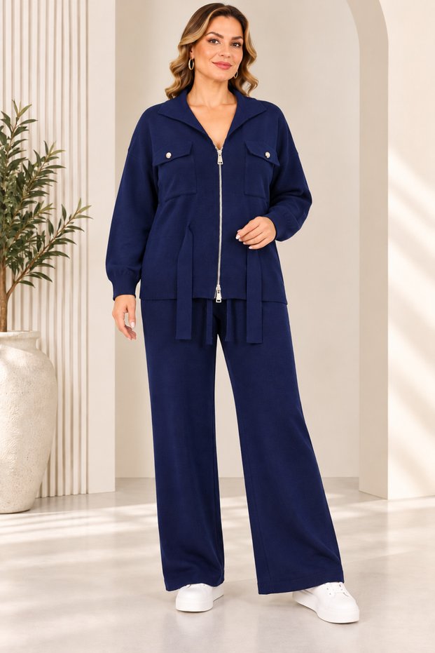 Plus Size Zippered Knitwear Set with Waist Belt Navy Blue