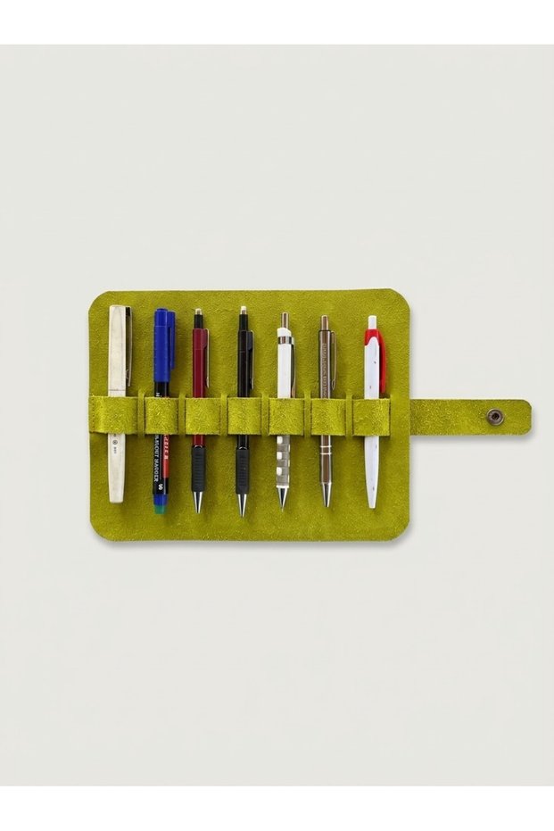 Genuine Leather Multi-Compartment Roll-Up Pen Holder - Snap-On Leather Pen Organizer and Case