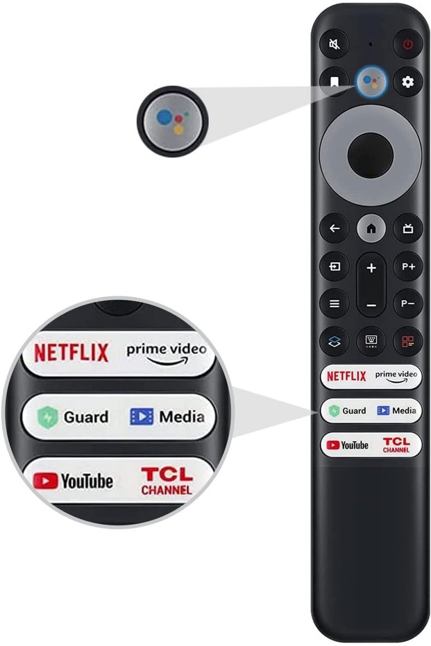 جهاز تحكم عن بعد بديل لجوجل فويس لتلفزيونات TCL الذكية بنظام أندرويد، متوافق مع تقنيات Mini-LED وQLED و4K UHD، مع 6 أزرار قصيرة