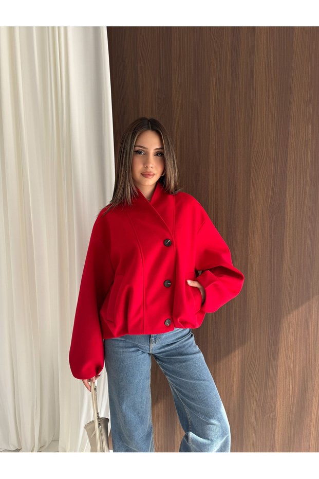 Women's Stand Collar Asymmetrical Buttoned Balloon Sleeve Oversize Short Cashmere Coat