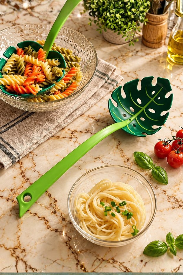 Leaf-Shaped Perforated Pasta Serving Spoon with Strainer and Colander Monstera Design 1 Piece Green