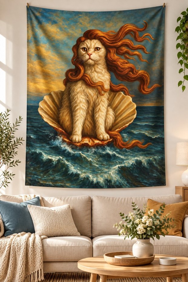 The Birth of Venus Inspired Sea Shell Cat Art Digital Printed Stain Resistant Washable Fabric Wall Covering Wall Tapestry Decorative Tapestry