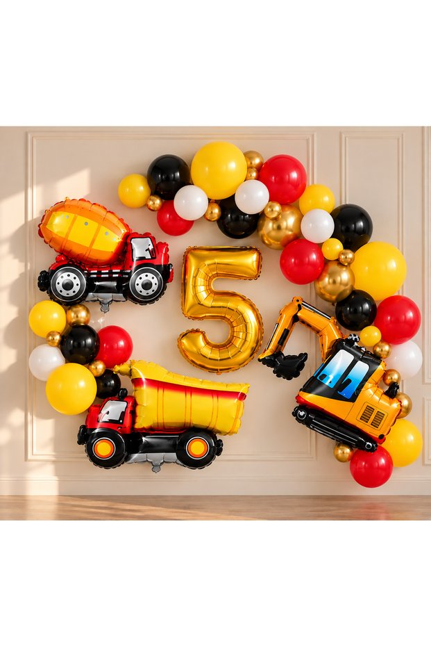 Party 5 Years Old 3-Piece Mini Construction Vehicles Birthday Set with Foil Balloons – Yellow Black Balloon Chain and Confetti Balloon Decoration Set