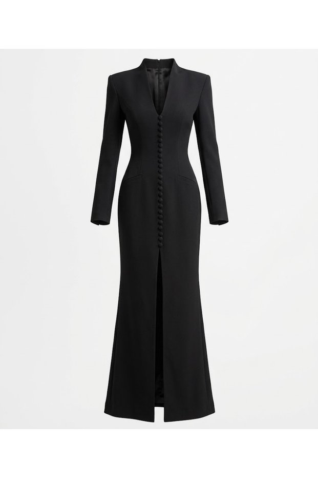 V-Neck Deep Slit Padded Button Detailed Premium Maxi Long Dress