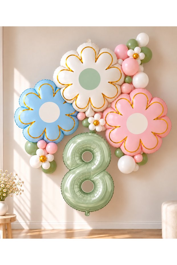 Party 8 Years Old Triple Daisy Foil Balloon Water Green Numbered Birthday Decoration Set (1-9 Years Old)