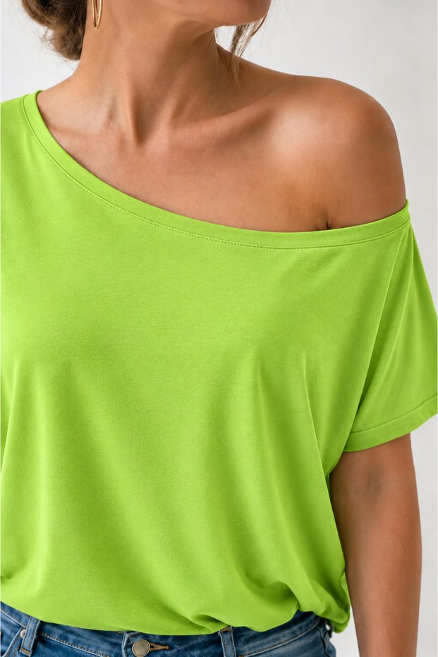One Shoulder Low-Cut Boat Neck Viscose Mercerized Fabric Pistachio Green T-Shirt