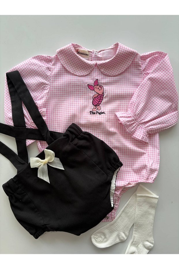 Handmade 100% Cotton Piglet Embroidery Worked Shirt and Gabardine Fabric Romper Set