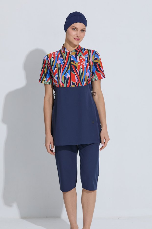 Women's Semi-Closed Swimsuit Set 4 Pieces Short Sleeve Zippered Patterned Navy Blue