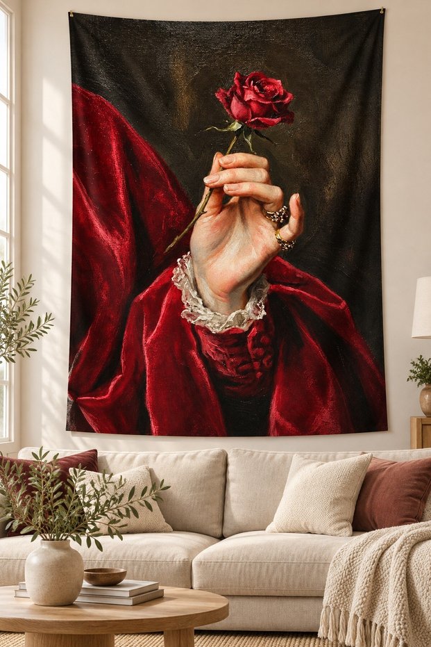 Rose Holding Jewels Hand Patterned Gothic Baroque Art Digital Printed Stain Resistant Washable Fabric Wall Covering Wall Tapestry Decorative Tapestry