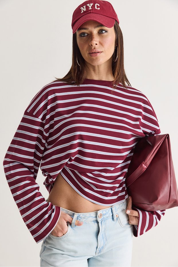 Women's Burgundy-Blue 100% Cotton Striped Crew Neck Off-Shoulder Oversize Sweatshirt 12785 60286696
