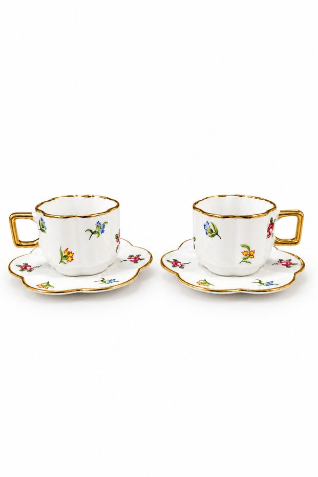 Gold Detailed Floral Patterned Porcelain Turkish Coffee Cup Set of 2