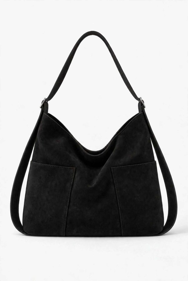 Women's Black Suede Hobo Shoulder Bag - Oversized Shoulder Bag with Belt Strap and Double Pockets
