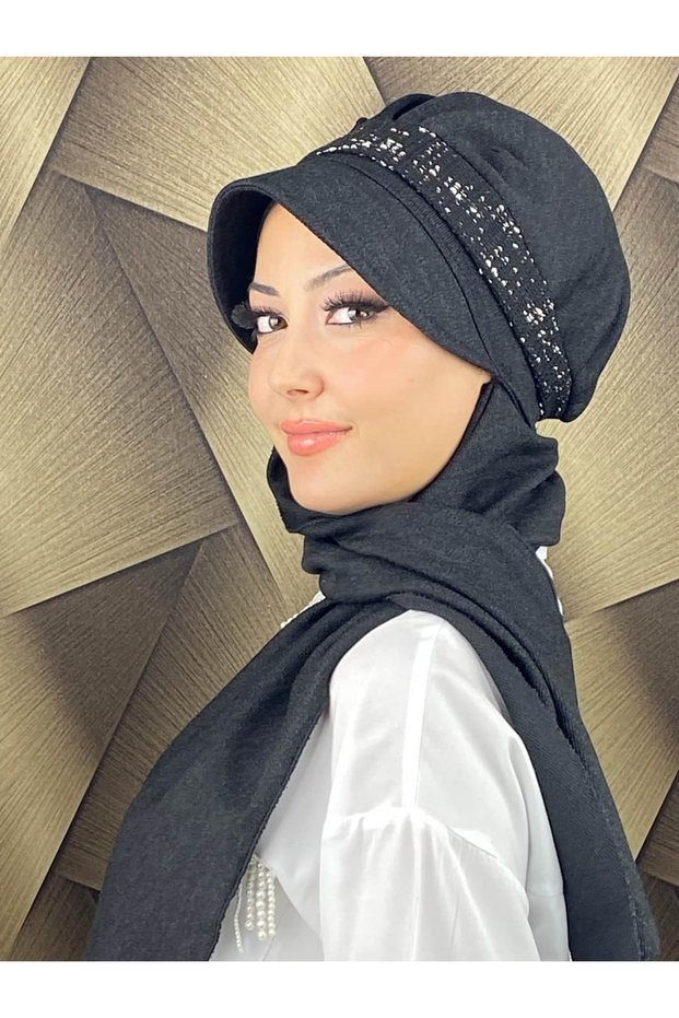 Tesettür Daily Black Silvery Shiny Scarf with Hat