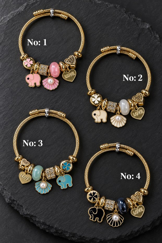 Women's Steel Elephant Charm Bracelet with Stone and Zircon Detail, Handcuff Bracelet