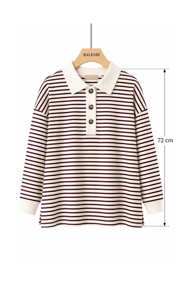 Women's Combed Cotton Fabric Polo Collar Striped Tunic 3254 Claret Red