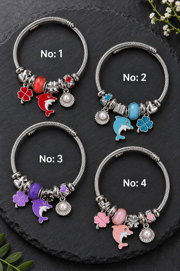 Women's Steel Dolphin Charm Bracelet with Stone and Zircon Detail
