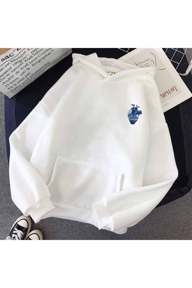 Unisex White Loose Fit Hooded Sweatshirt with Inner Pockets, Warm Hoodie