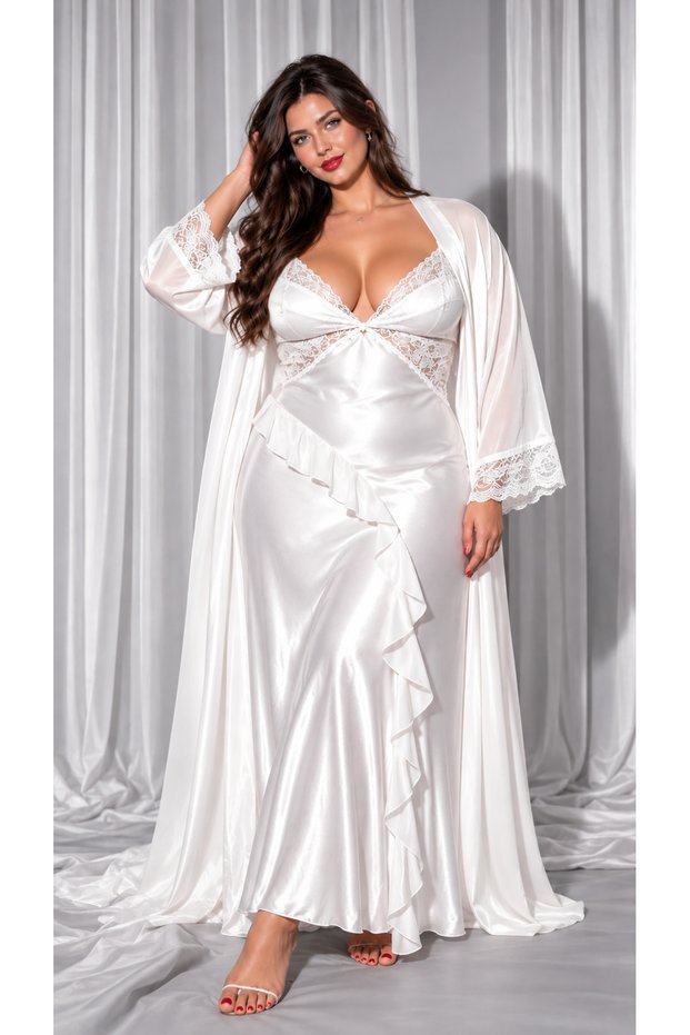 Sweet Night Plus Size Double Satin Nightwear Dressing Gown Set
