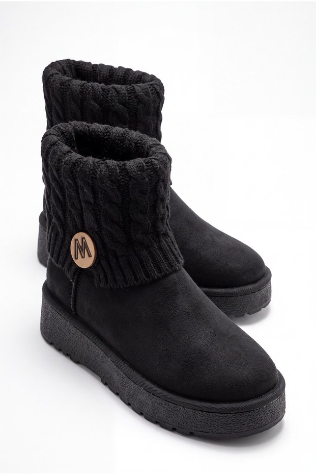 Women's Braided Sweater Suede Winter Boots with Fur Inside Women's Black Boots Vale