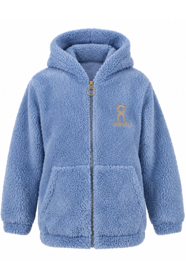 Children's Blue Plush Cardigan with Embroidery, Hooded and Zippered, for Girls and Boys, Ages 3-13