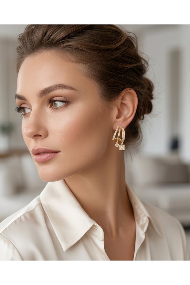 Square-Detail Zircon Stone Hanging Earrings (with Screw Fastening)