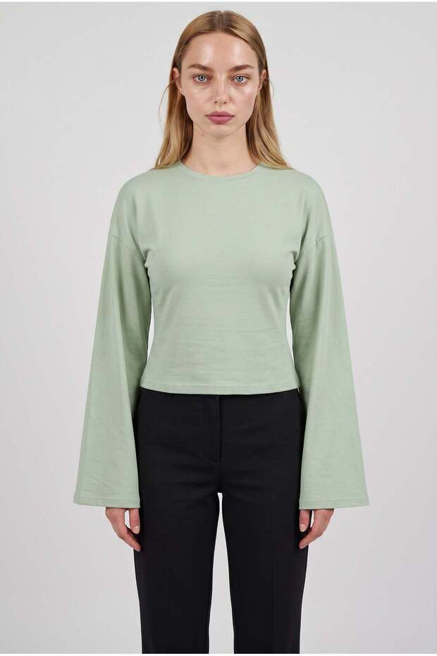Women's çağla green crew neck waist-fitted women's spanish long sleeve blouse