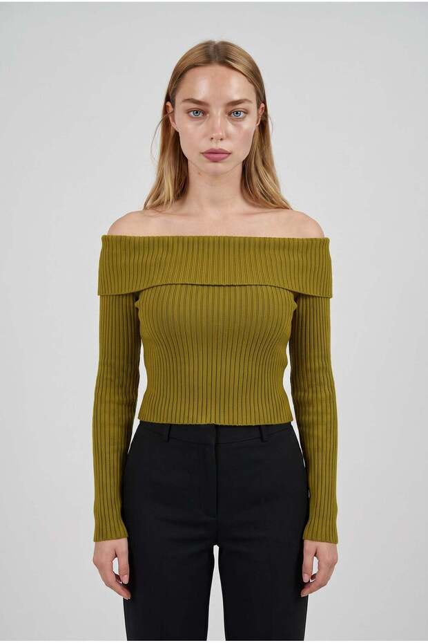 Women's olive green madonna semi-crop ribbed blouse sweater