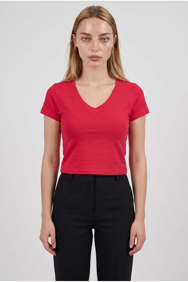 Women's Red Colored V-Neck Lycra Plain Basic Short Sleeve Crop Blouse