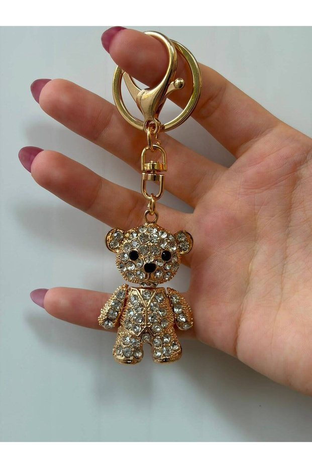 Gold Color Stone with Cute Bear Figure Keychain – Stone Detail Bag and Key Accessory