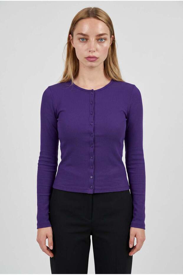 Women's purple ribbed knit button-down cardigan blouse with flexible button detail, long sleeves, and crew neck.