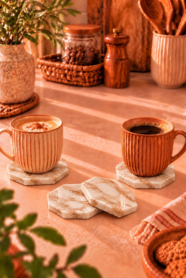 Decorative Concrete Marble Patterned Brown Color Hexagonal Model 4 Piece Coaster Set Set Bohemian Style Coaster