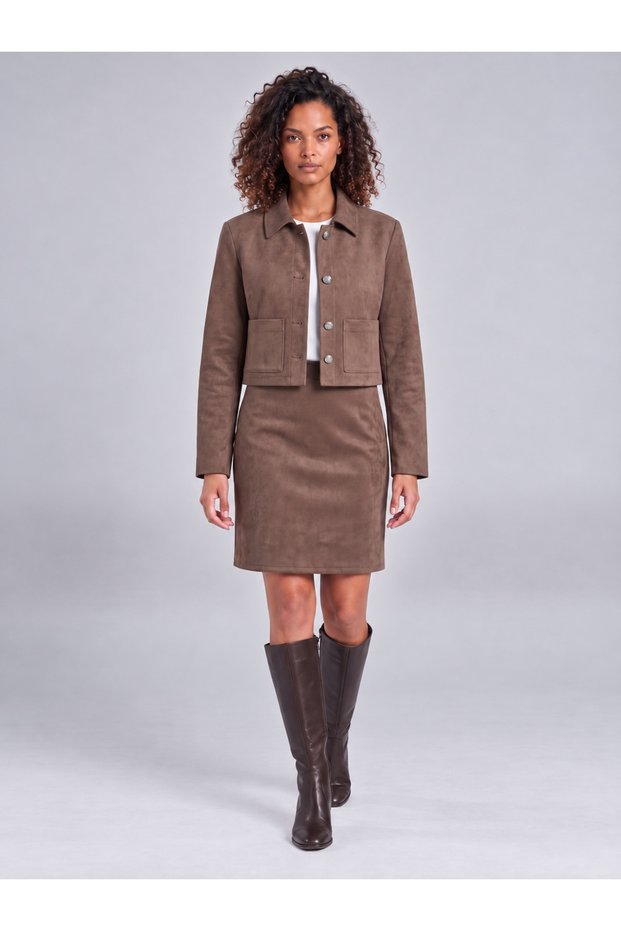 Women's Brown Suede Fabric Buttoned Pocket Jacket