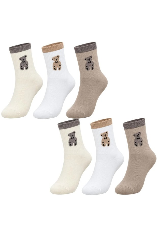 Women's Set of 6 Teddy Bear Patterned Socks | Cute Casual Sock Models in Ecru White and Beige Colors