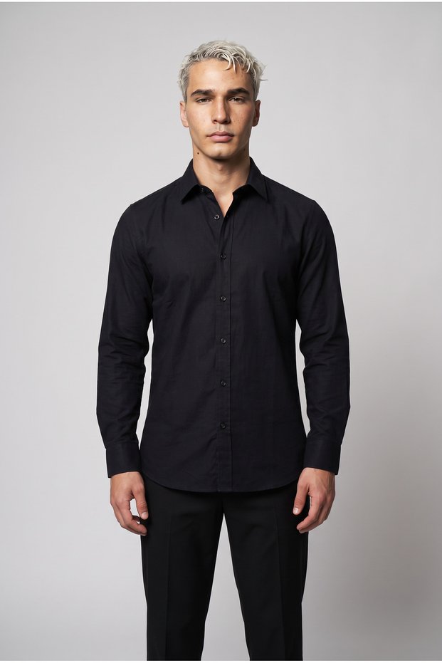 Men's Arturo Black Colored Soft Textured Gabardine Look Long Sleeve Shirt