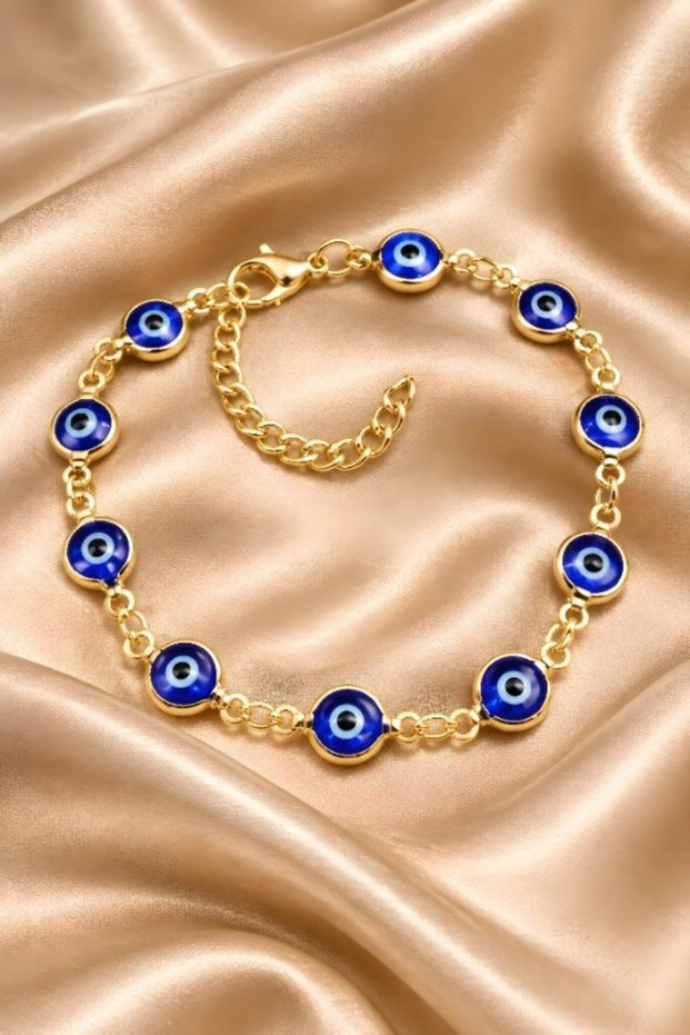 Gold Colored Interlocking Chain Small Dark Blue Evil Eye Bracelet