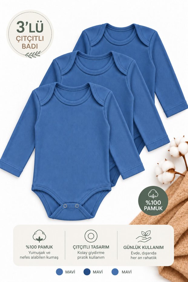 Baby Boy Blue Colored Set of 3 Cotton Seasonal Long Sleeve Bodysuits with Snap Fasteners