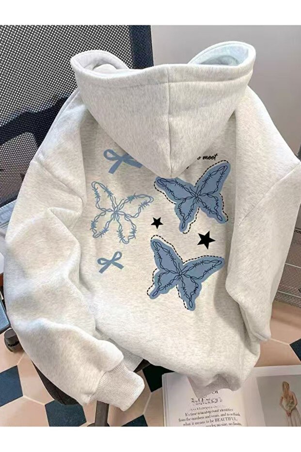 Unisex Men'S/Women's Blue Back Butterfly Printed Premium Hooded Oversized Sweatshirt with 2 Yarns