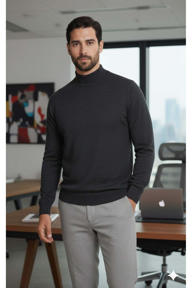 Men's Anthracite Half Turtleneck Standard Regular Fit Regular Acrylic Blend Knitwear Sweater