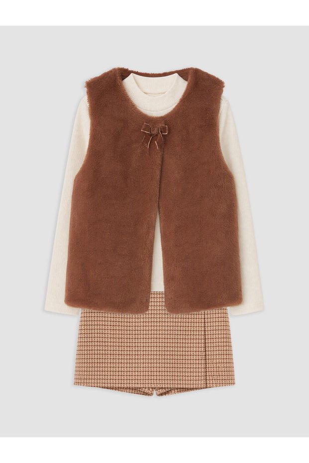 Özmarka New Season Brown 3-Piece Patterned Girls' Set