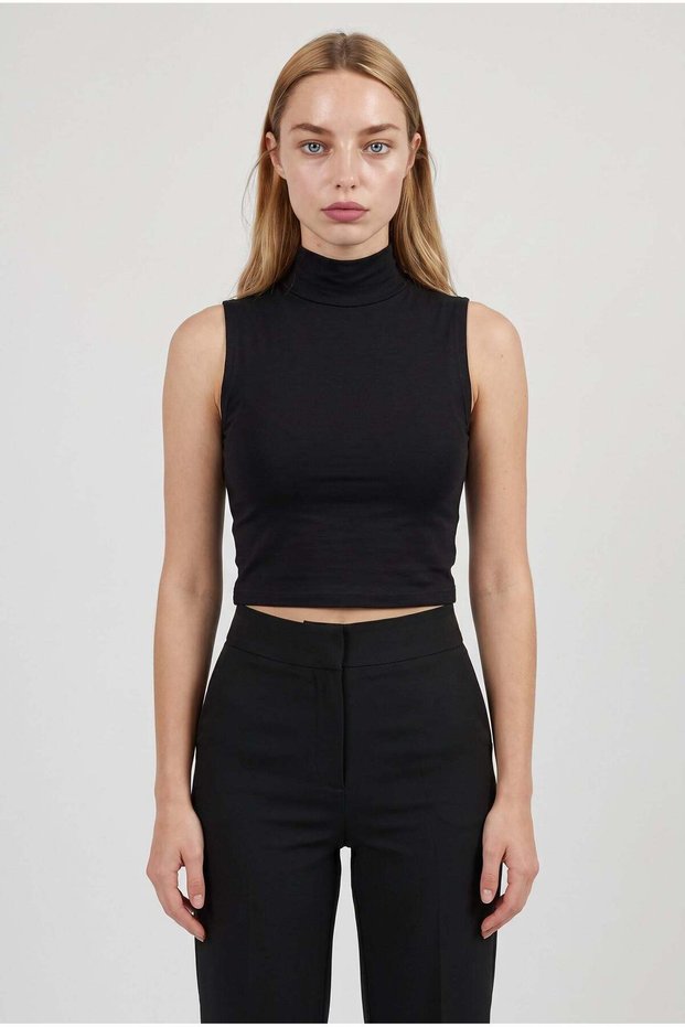 Women's black half turtleneck fitted basic stretchy tank crop top