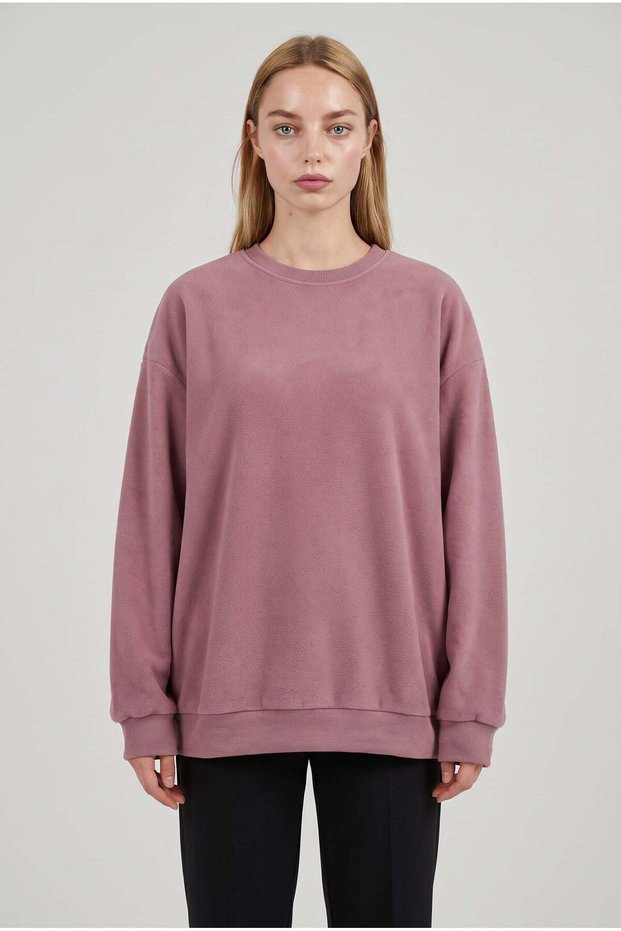 Women's Dusty Rose Basic 0 Crew Neck Unprinted Plain Oversize Loose Loose Fit Fleece Sweatshirt