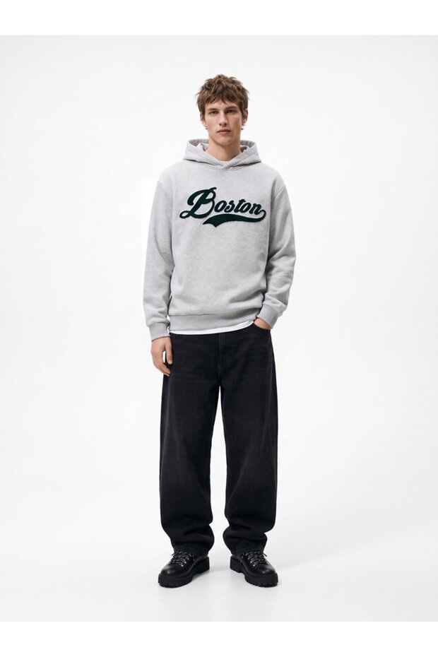 Regular Fit Grey Hooded Sweatshirt with Print Detail
