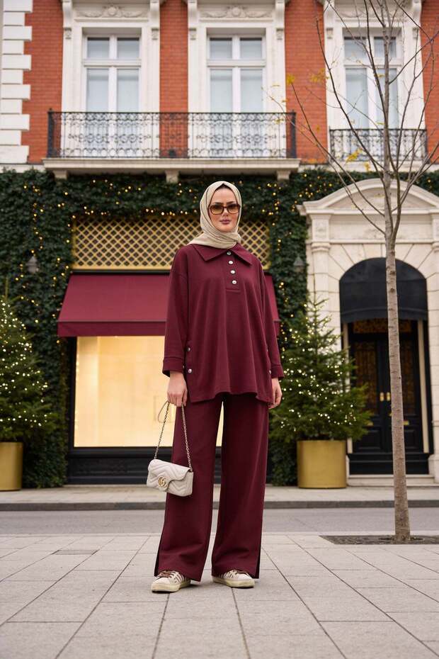 Alina Polo Collar Double Set Claret Red