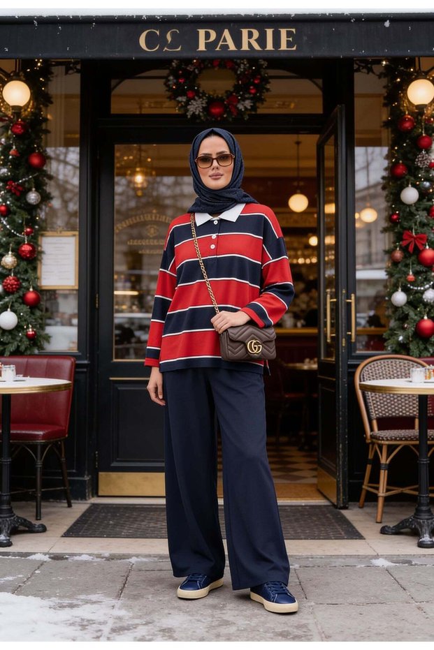 Lora Polo Collar Striped Oversize Two-Piece Set Red Blue